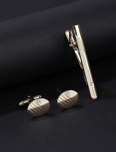 2 pcs. Textured Metal Cufflink & 1pc Tie Clip - Yellow Gold