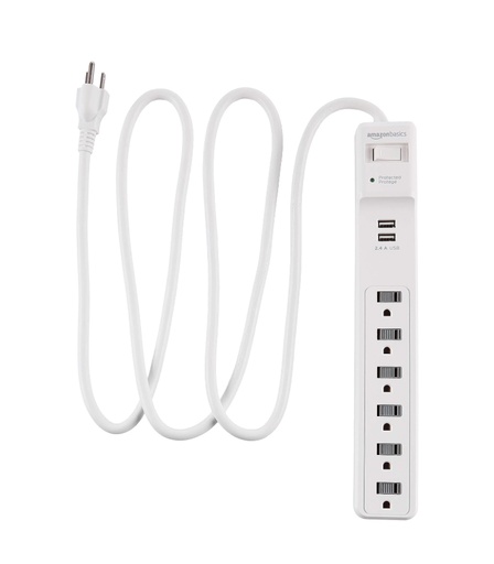 Amazon Basics 6-Outlet Surge Protector Power Strip with 2 USB Ports - 1000 Joule, White